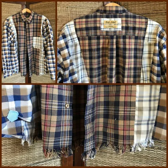 Mixed Print Button-Down Shirt, M-L: Upcycled Boho Patchwork Top, Autumn Colors - Picture 12 of 12